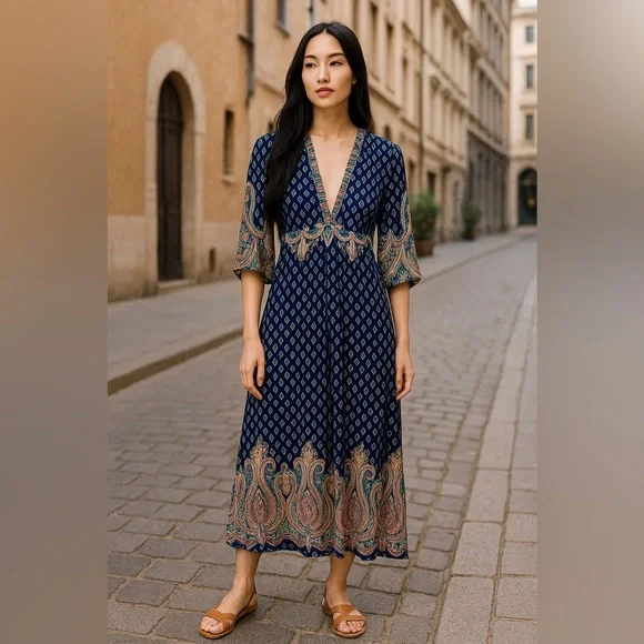 Forever 21 Navy Boho Print Maxi Dress Size Large - Picture 2 of 4